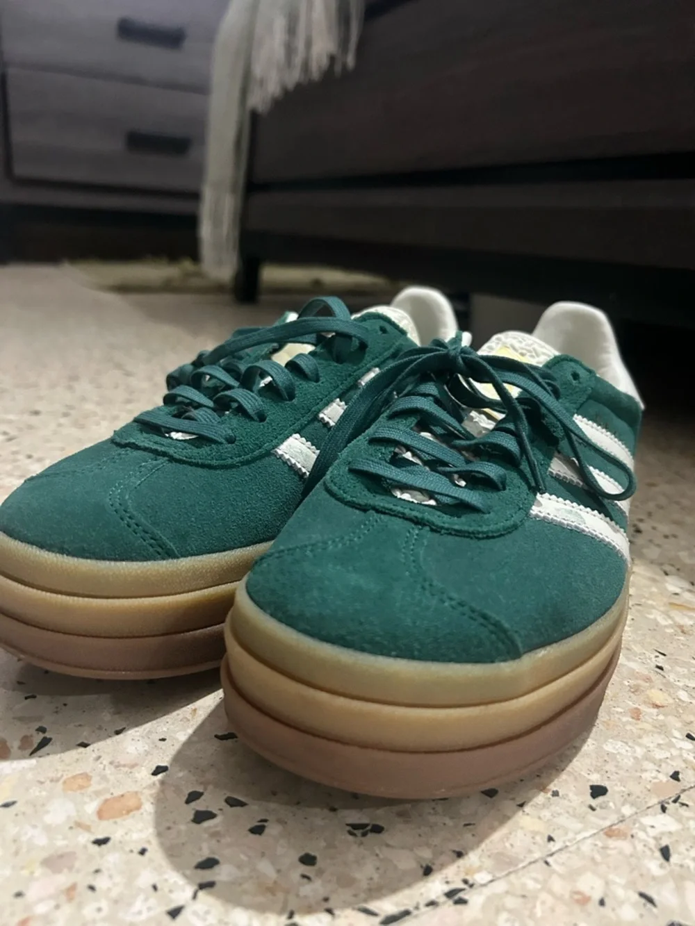 adidas Dark Green Suede Platform Sneakers with White Stripes - Picture 1 of 5